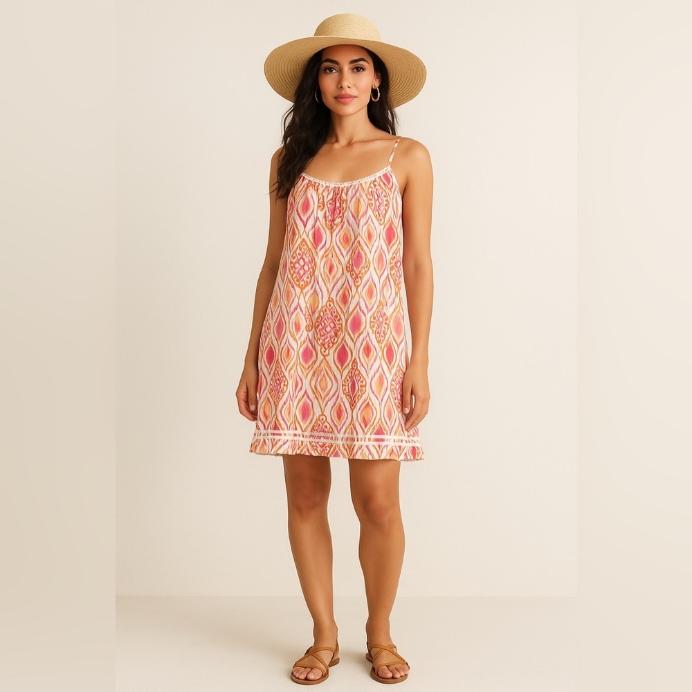 Oscar de‎ la Renta Ikat Cotton Slip Dress S | Boho Resort Summer Lounge - Picture 2 of 16